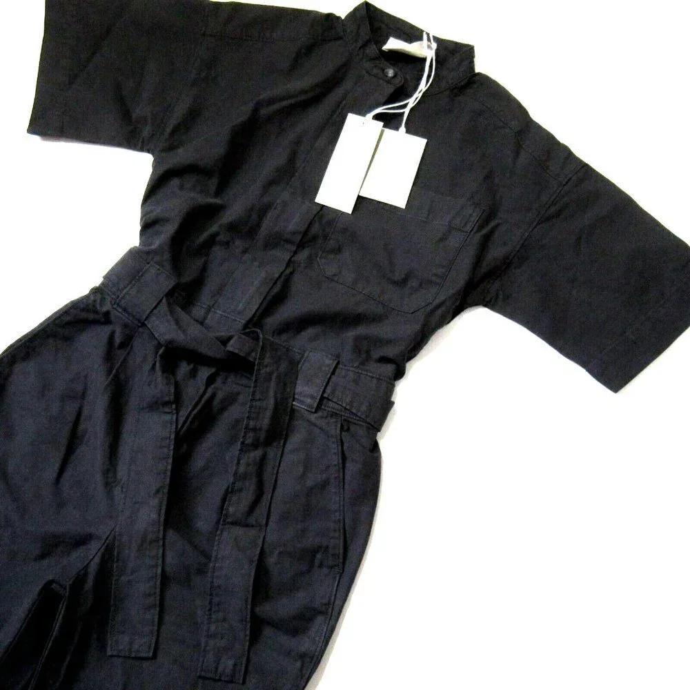 NWT Everlane The Fatigue Short-Sleeve Jumpsuit in Black Belted Cotton Utility 00